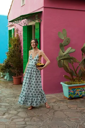 Louve Long Dress in Green Eyelet Metallic Shine Padded-Bust Urban Style Louve Long Dress in Green Eyelet