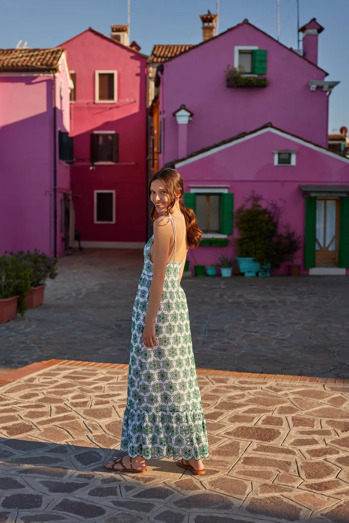 Louve Long Dress in Green Eyelet Modern Waist