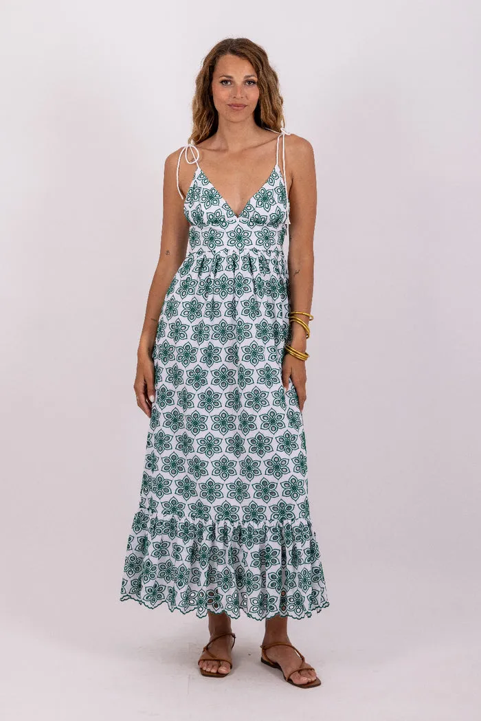 Louve Long Dress in Green Eyelet Soft Shape
