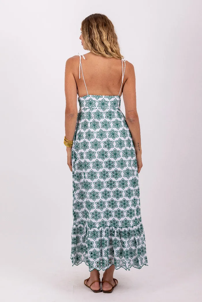 Louve Long Dress in Green Eyelet Modern Form Bold Mood