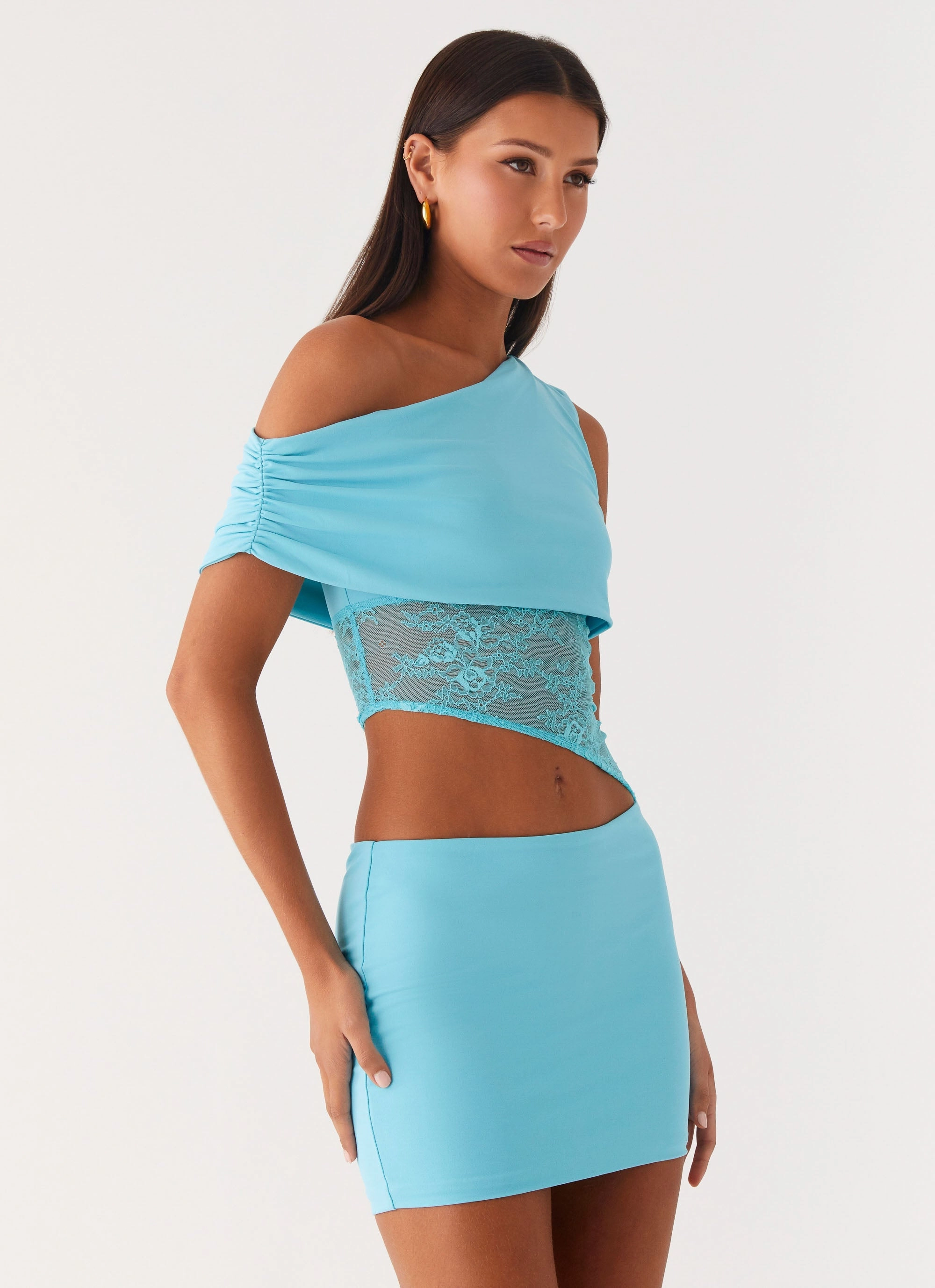 Mixed Fabric Bless Touch Love Motion Mini Dress - Aqua Blue