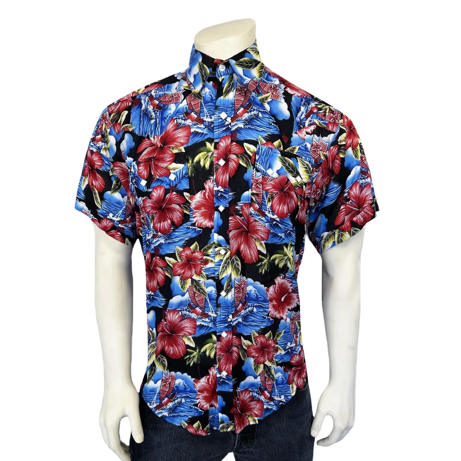 Rockmount Mens Hawaiian Print Western Purple 100% Rayon S/S Shirt Non-irritating