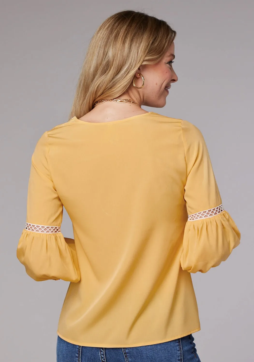 Roper Womens Bishop Sleeve Crepe Yellow 100% Polyester S/S Blouse Polished Finish Versatile Look