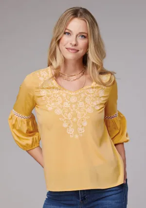 Low Profile Buttons Roper Womens Bishop Sleeve Crepe Yellow 100% Polyester S/S Blouse comfortable option Durable Quality Roper Womens Bishop Sleeve Crepe Yellow 100% Polyester S/S Blouse