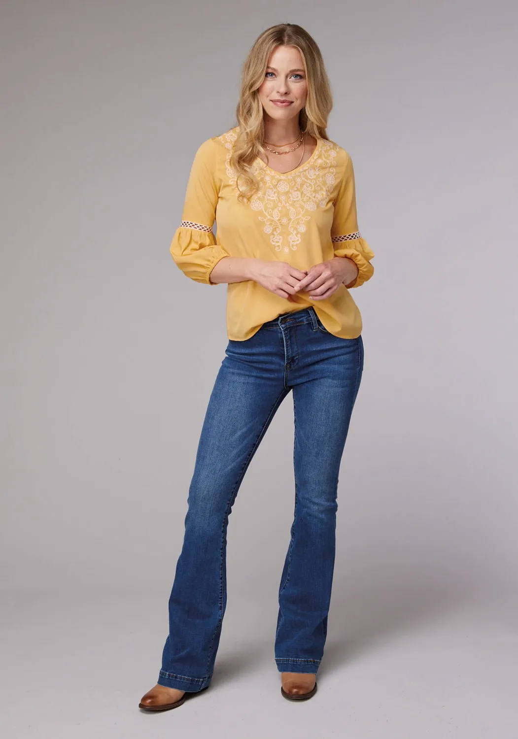 bohemian flair vacation wear Roper Womens Bishop Sleeve Crepe Yellow 100% Polyester S/S Blouse