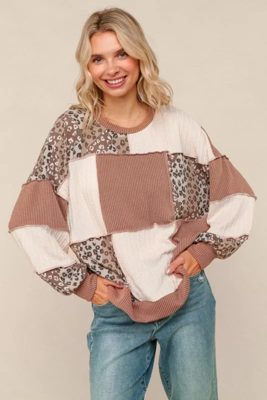 Ruby Rib Cable Knit Leopard Pullover Knit Top Fun and Relaxed Smooth Jersey Texture