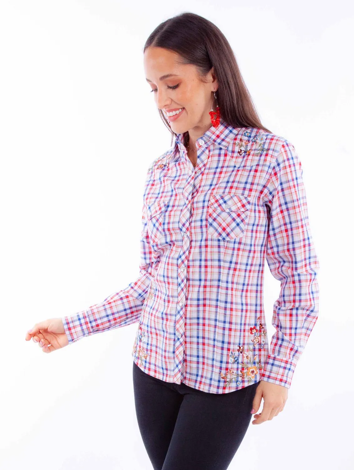 Recycled Polyester Blend Fashion-Forward Scully Womens Yarn Dyed Check Red/White/Blue 100% Cotton L/S Blouse