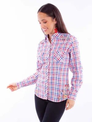 Low Profile Collar System Scully Womens Yarn Dyed Check Red/White/Blue 100% Cotton L/S Blouse Recycled Polyester Blend Fashion-Forward Scully Womens Yarn Dyed Check Red/White/Blue 100% Cotton L/S Blouse