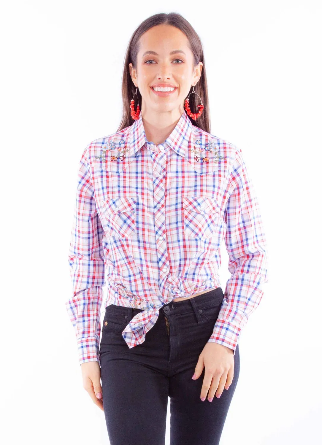 Versatile Design Scully Womens Yarn Dyed Check Red/White/Blue 100% Cotton L/S Blouse