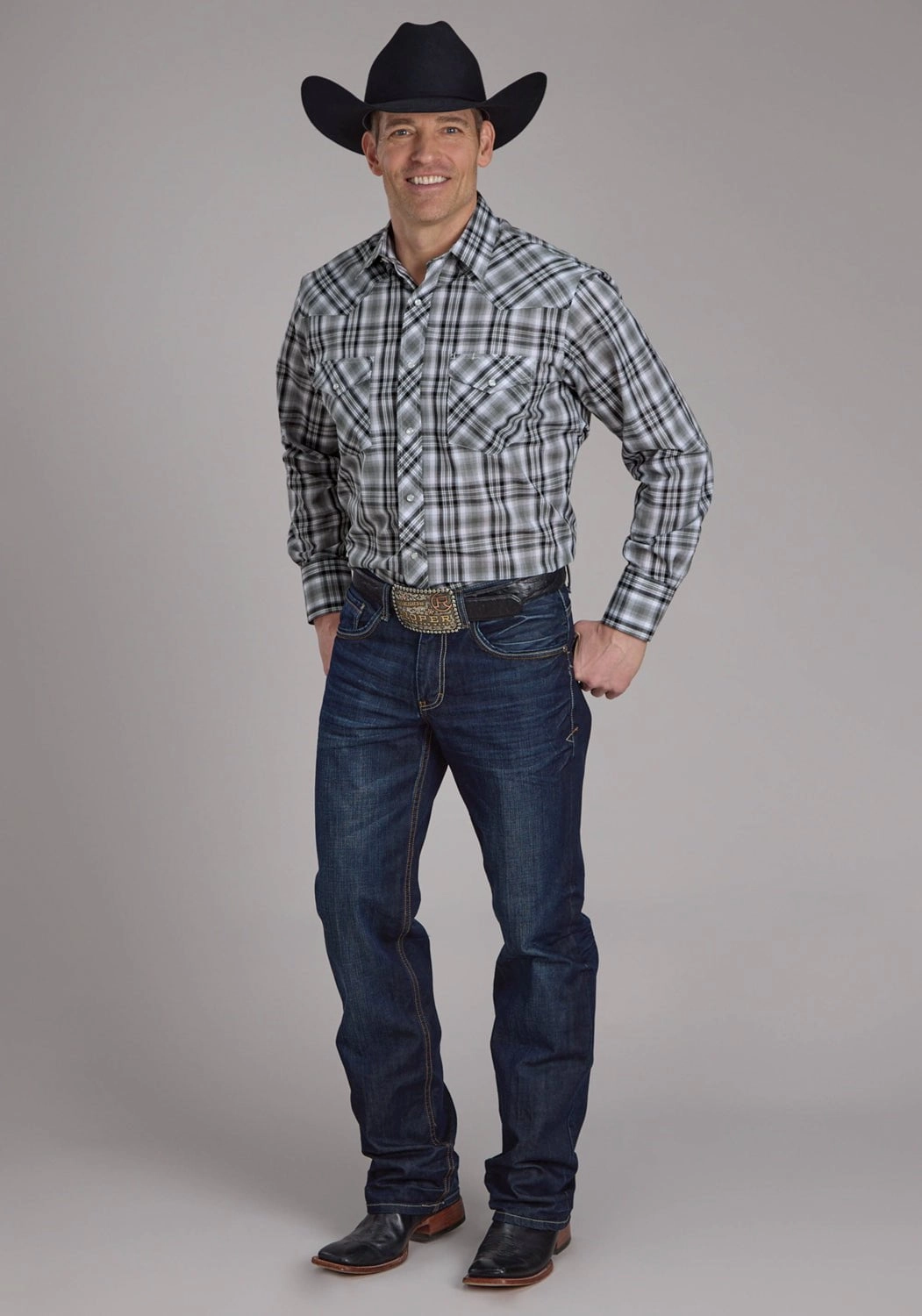 Roper Mens 2126 Plaid Grey/Black Cotton Blend L/S Shirt Fashion Forward Design