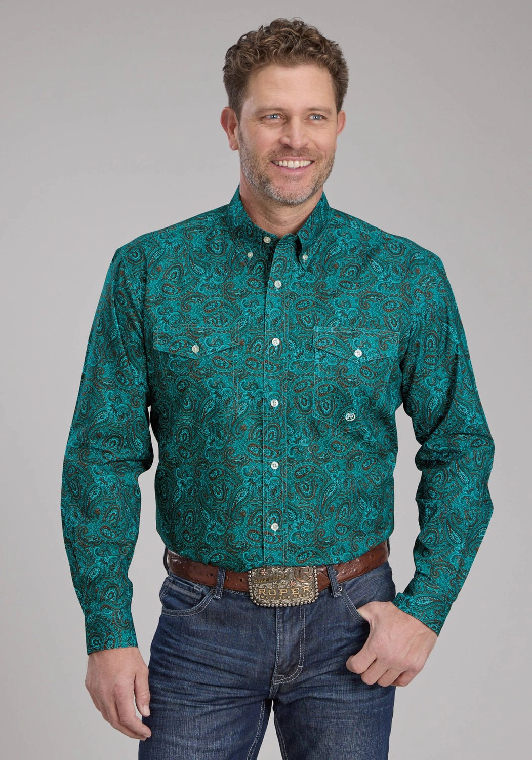 Roper Mens 2238 Mallard Paisley Teal 100% Cotton Btn L/S Shirt Non-Iron Hidden Placket