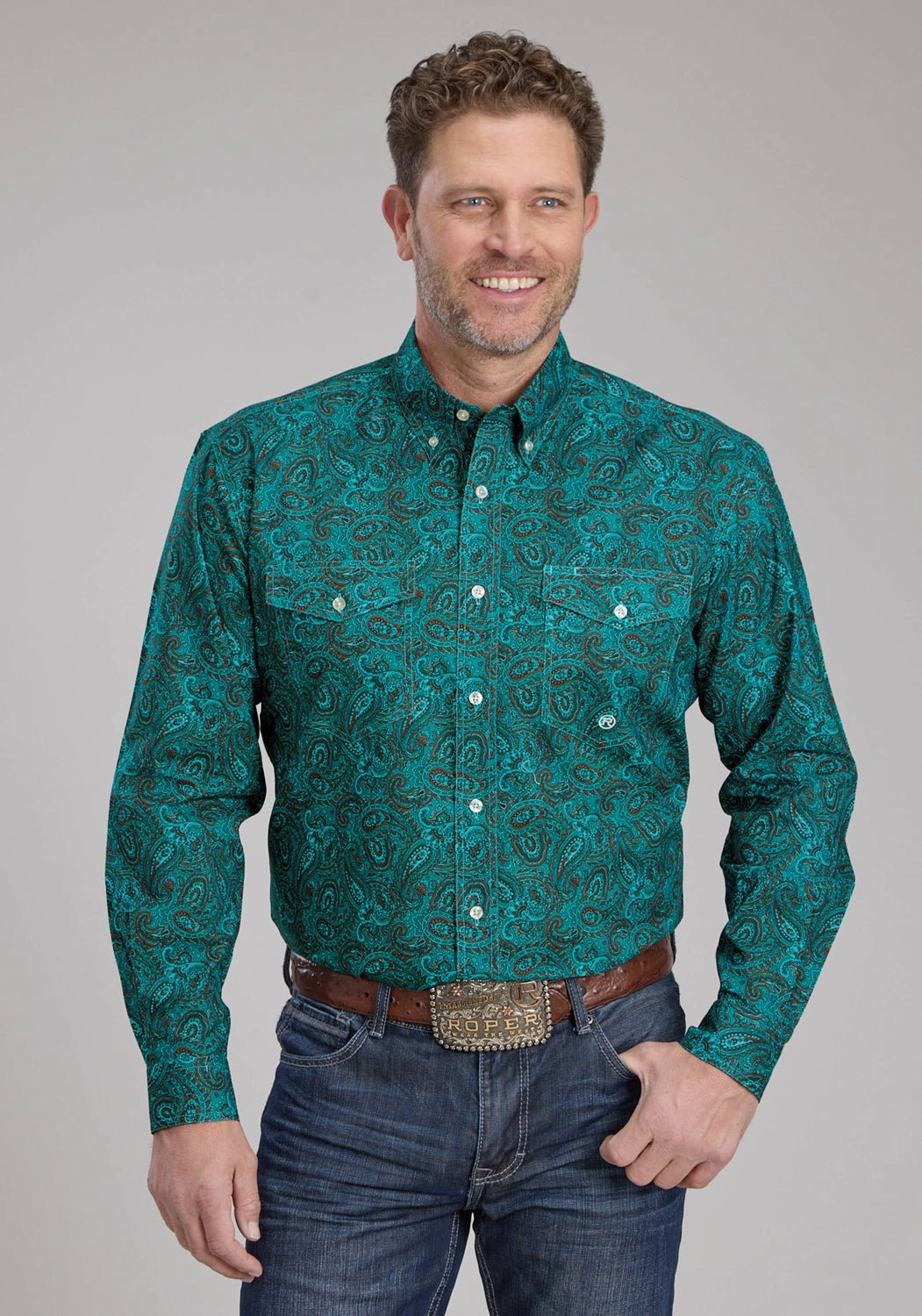 Roper Mens 2238 Mallard Paisley Teal 100% Cotton Btn L/S Shirt Midweight Textile Weekend Casual
