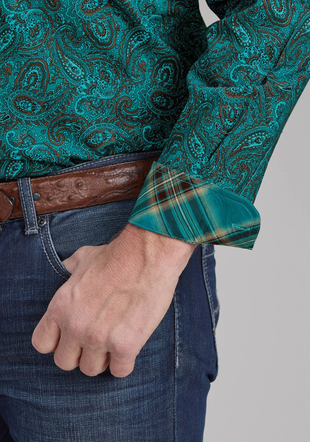 Roper Mens 2238 Mallard Paisley Teal 100% Cotton Btn L/S Shirt Comfy Design Pullover Design