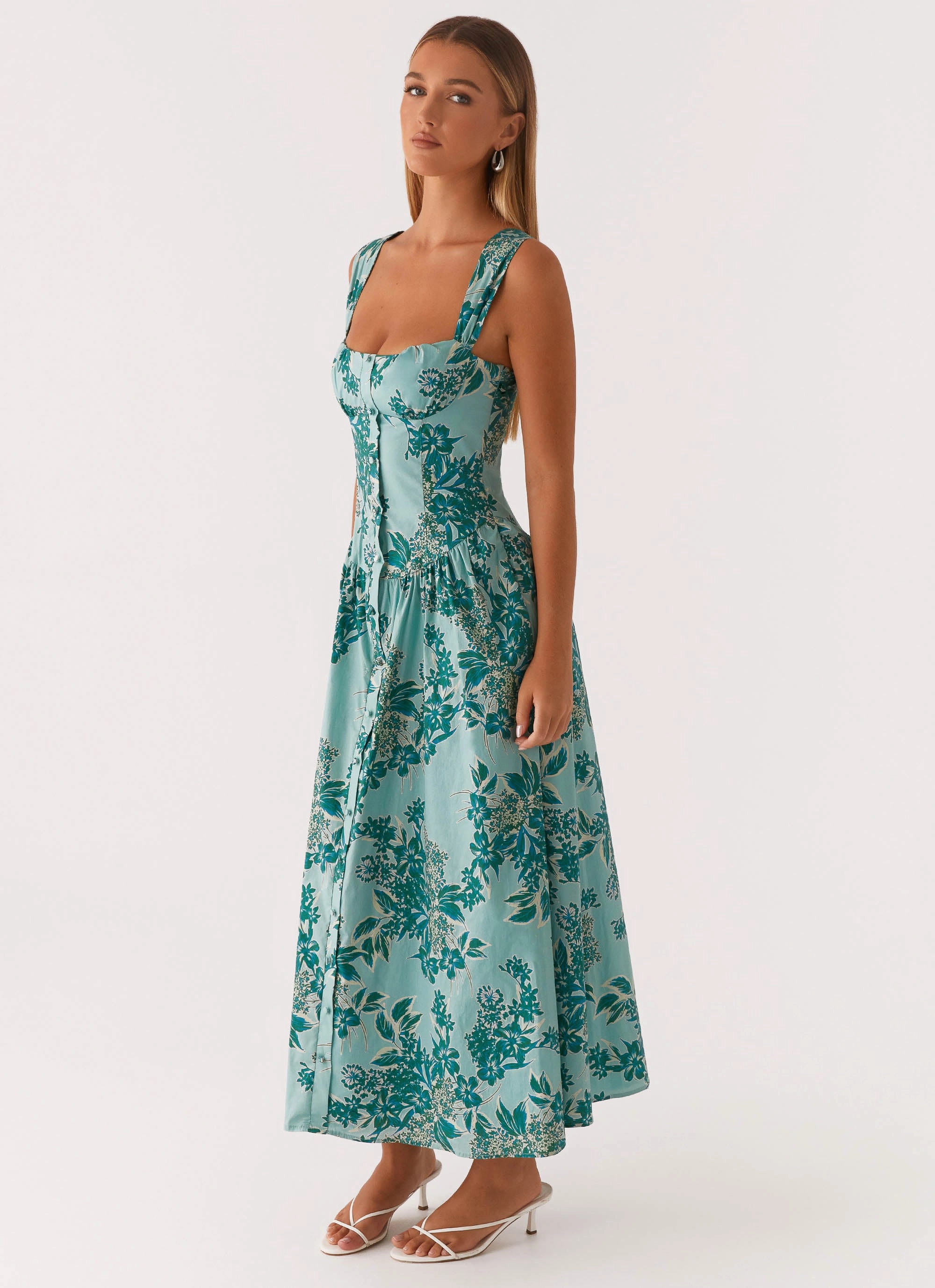 Emmalina Midi Dress - Cloud Nine Floral Silky Shape Chic Waistband Design