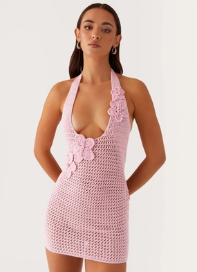 Luciana Crochet Halterneck Mini Dress - Pink Relaxed Design Luciana Crochet Halterneck Mini Dress - Pink Draped Layer