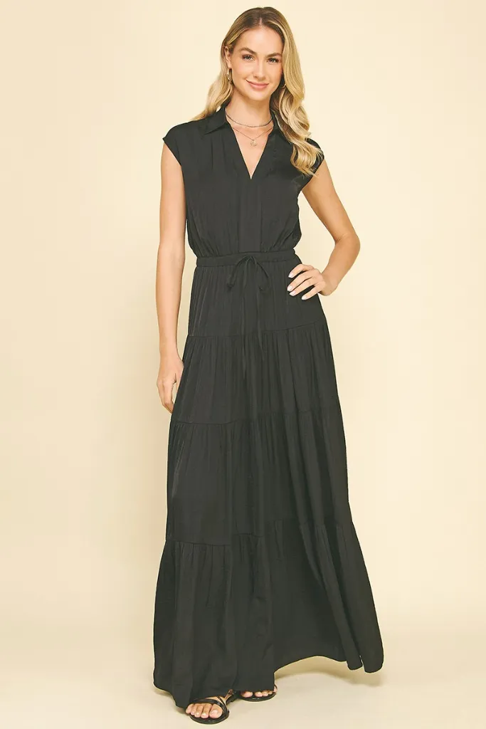 Lucy Satin Tiered Maxi Dress in Black Playful and flirty dress Zip-Closure