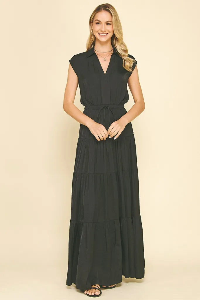 Lucy Satin Tiered Maxi Dress in Black Season Ready