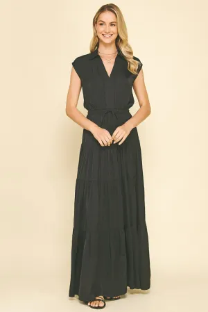 Lucy Satin Tiered Maxi Dress in Black Tailored Silhouette Lucy Satin Tiered Maxi Dress in Black Relaxed fit wear Holiday-Party