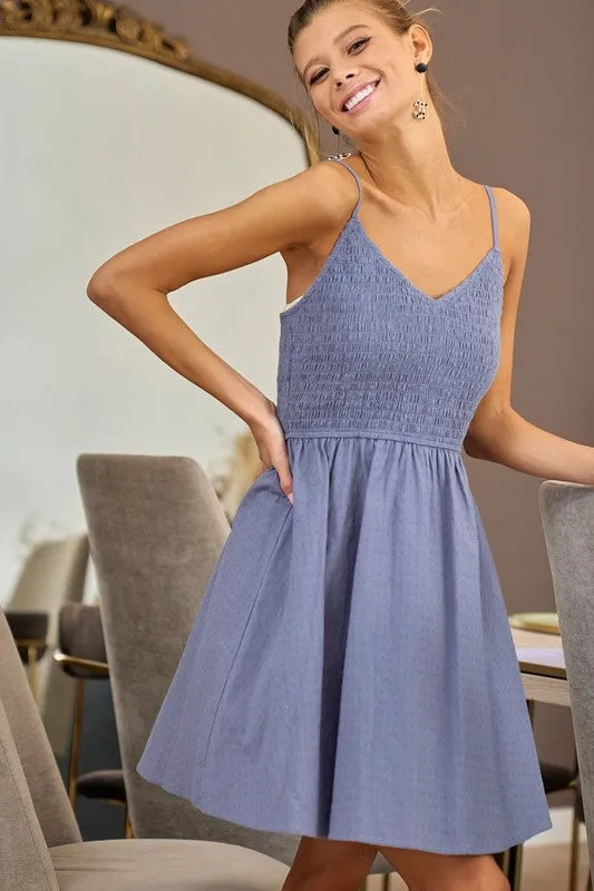 Isla Eyelet Woven Sleeveless Elasticized Mini Dress S-XL MultiPurposePockets Geometric-pattern