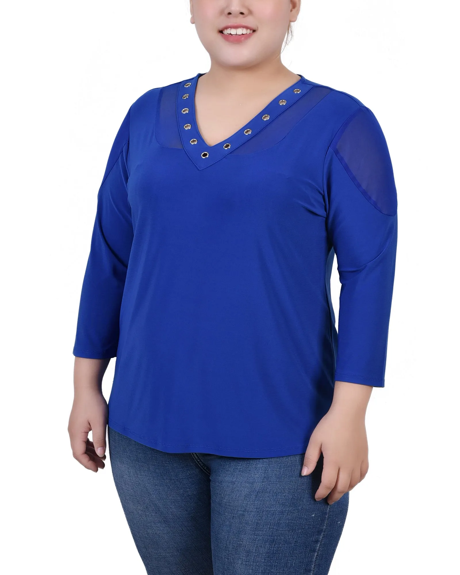 Plus Size Long Sleeve Top With Mesh Insets Vibrant pattern HypoallergenicFiber