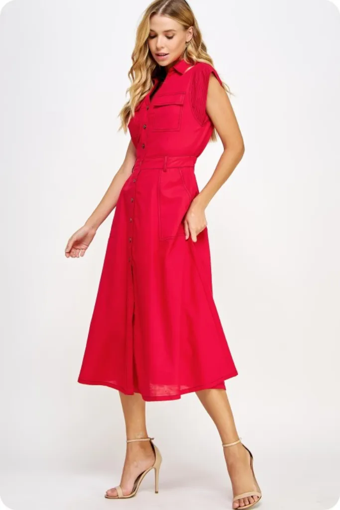 Lucille Linen Button Front Midi Dress Tasteful Detail Vibrant Design