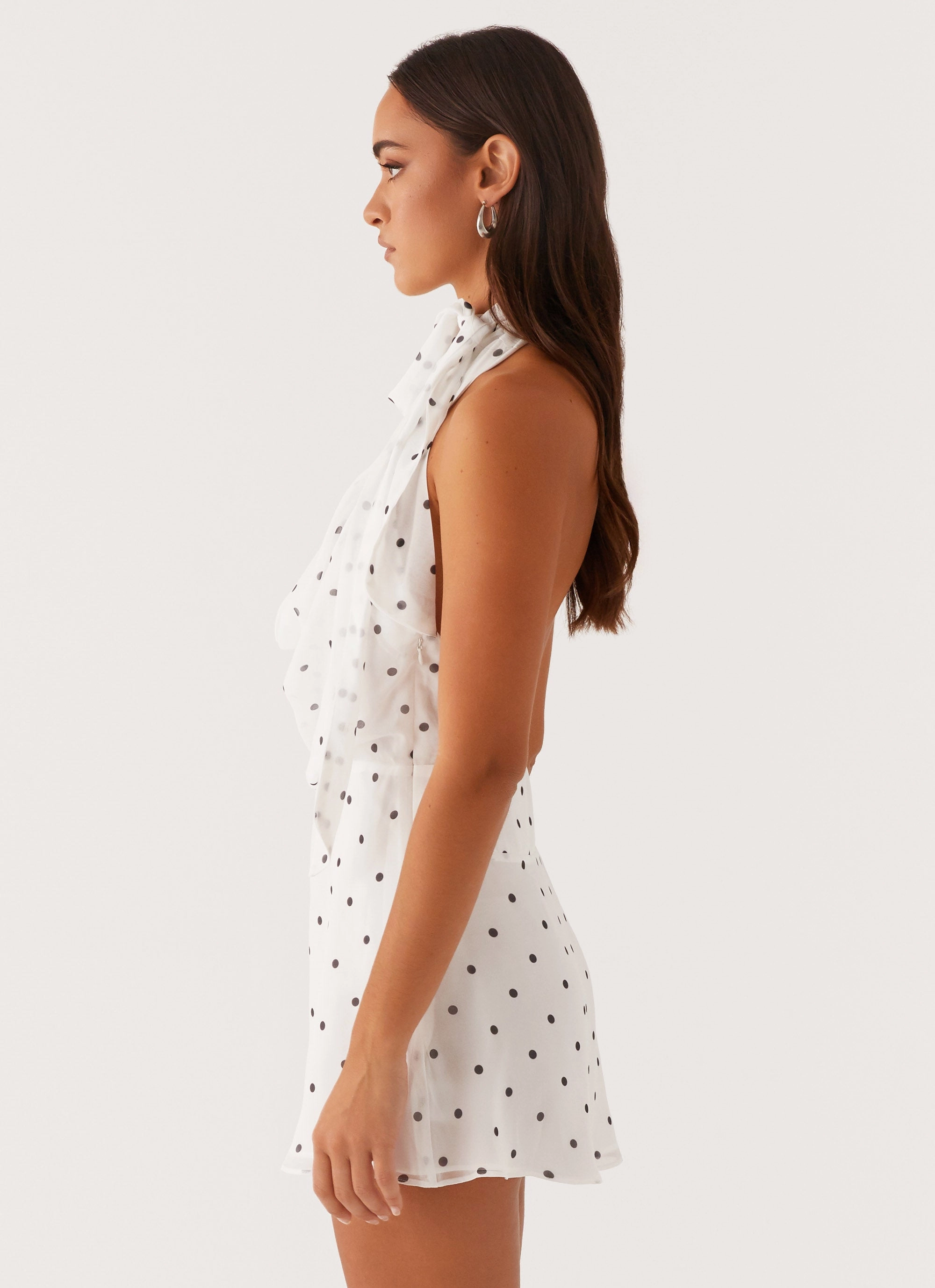 Bow Soft Avalia Backless Scarf Mini Dress - White Polka Dot