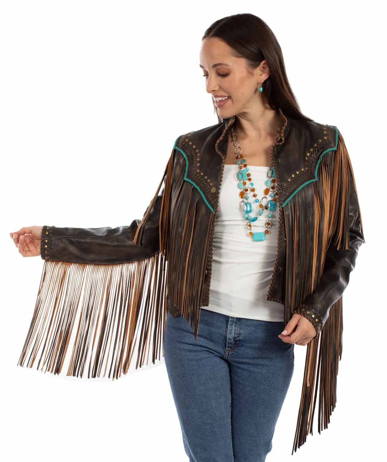 Softened Fabric Unisex Fashion Scully Womens Bold Fringe Vintage Black Leather Leather Jacket