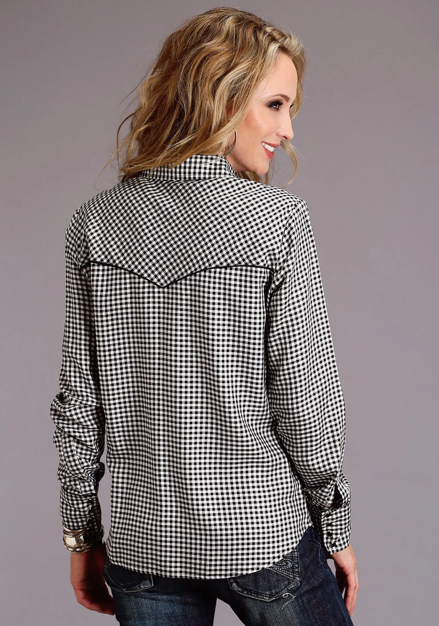 Stetson Womens Black/White Rayon/Nylon Gingham BD L/S Shirt Traveler Gear Slim