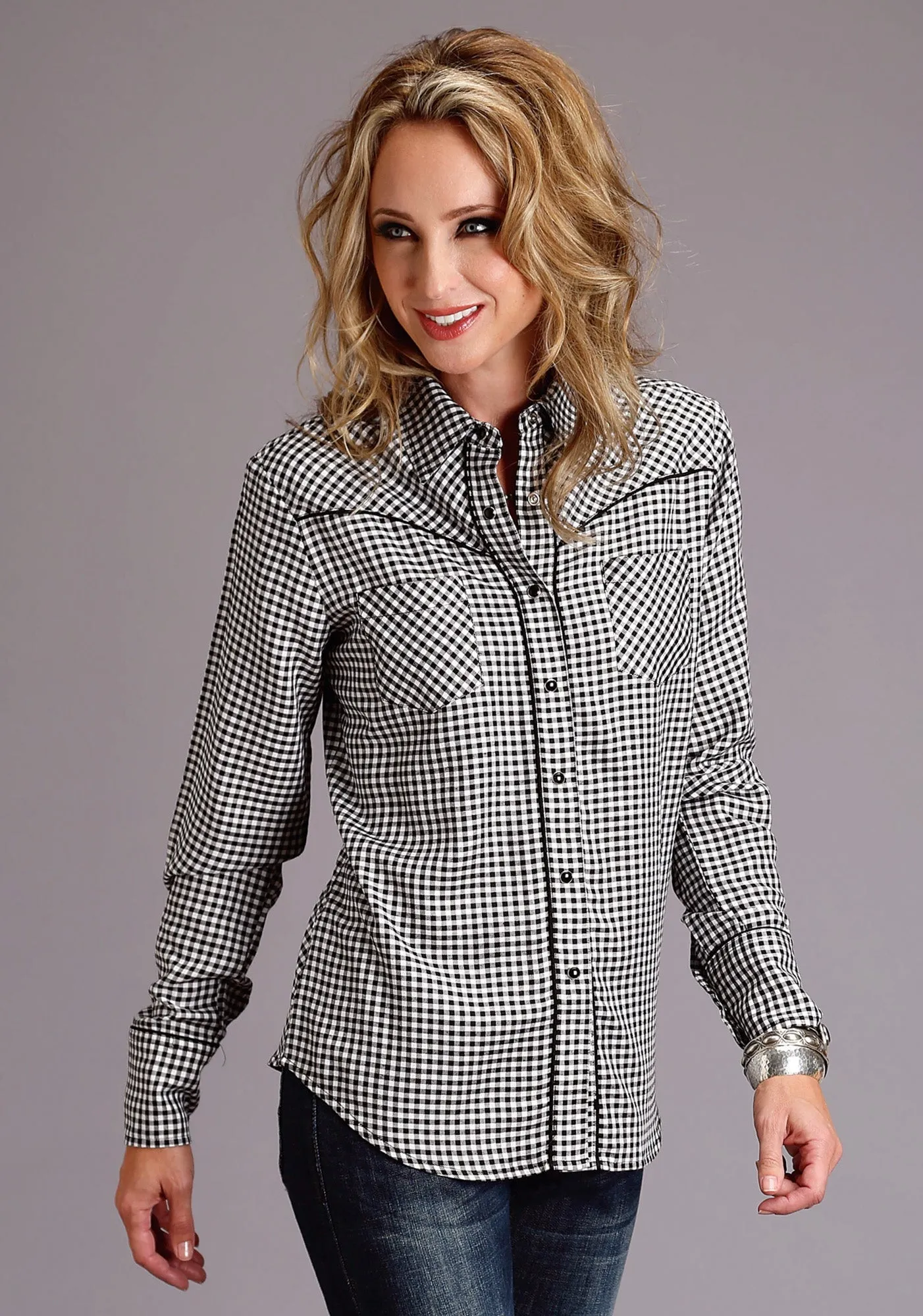 Stetson Womens Black/White Rayon/Nylon Gingham BD L/S Shirt Core Layer