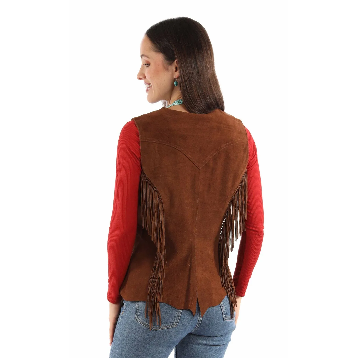 Scully Womens Snap Front Fringe Cafe Brown Leather Leather Vest Smart Waistband