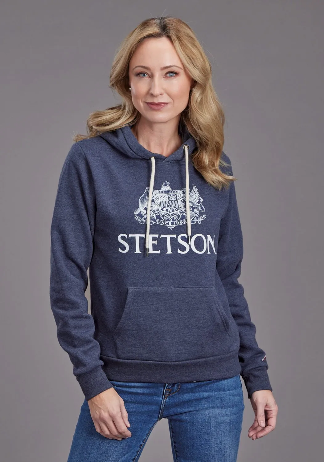 Stylish Waistband Stetson Womens Crest Logo Heather Navy Cotton Blend Hoodie