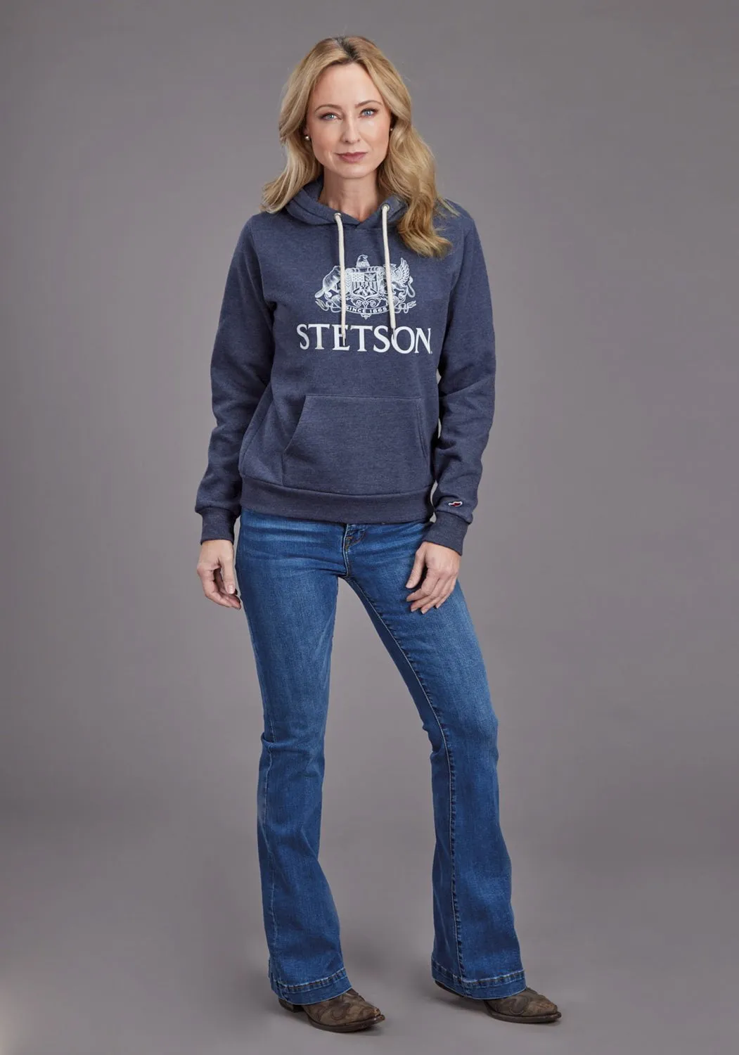 Morning Stroll Music Event Office Wear Stetson Womens Crest Logo Heather Navy Cotton Blend Hoodie