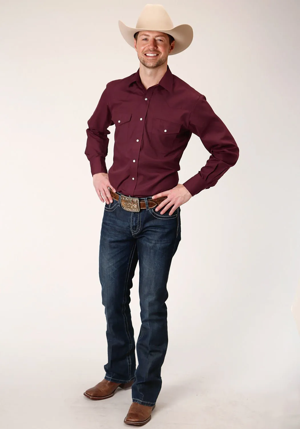 Roper Mens Wine Cotton Blend 55/45 Broadcloth L/S Shirt Reinforced Elbow Patches