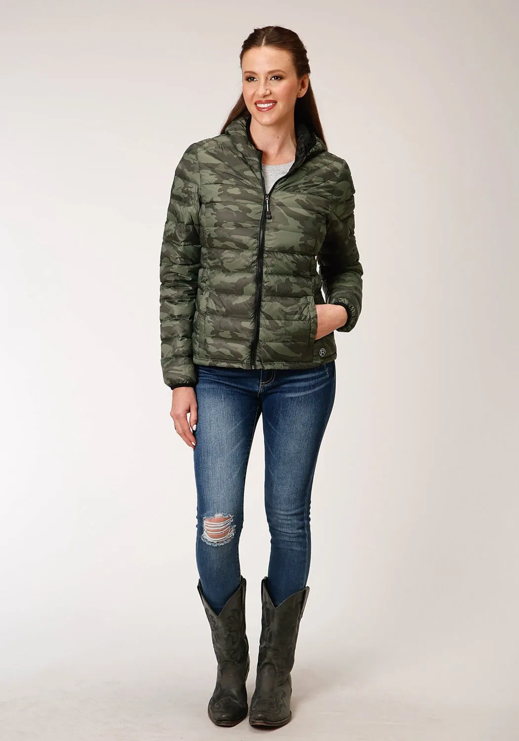 Festival Outfit Comfy Artist Vibe Roper Womens Camo Nylon Down Filled Hooded Jacket