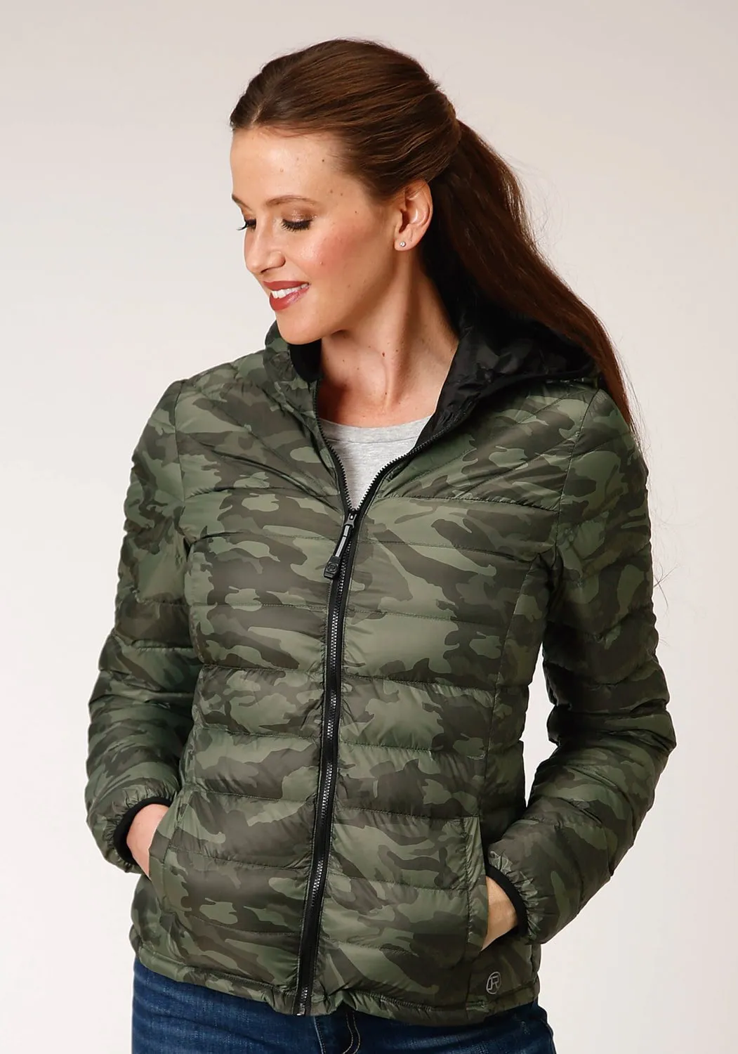 Roper Womens Camo Nylon Down Filled Hooded Jacket Fashionable Waist