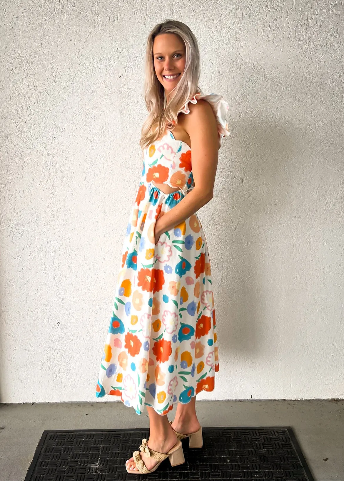 ASHTON FLORAL DENIM SCALLOP MIDI DRESS Playful design piece