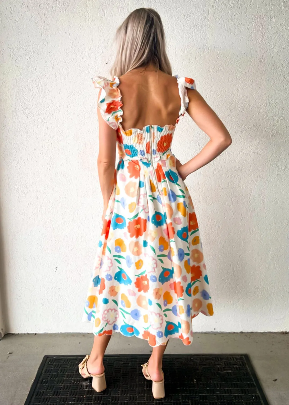 hypoallergenic Sporty-Look ASHTON FLORAL DENIM SCALLOP MIDI DRESS