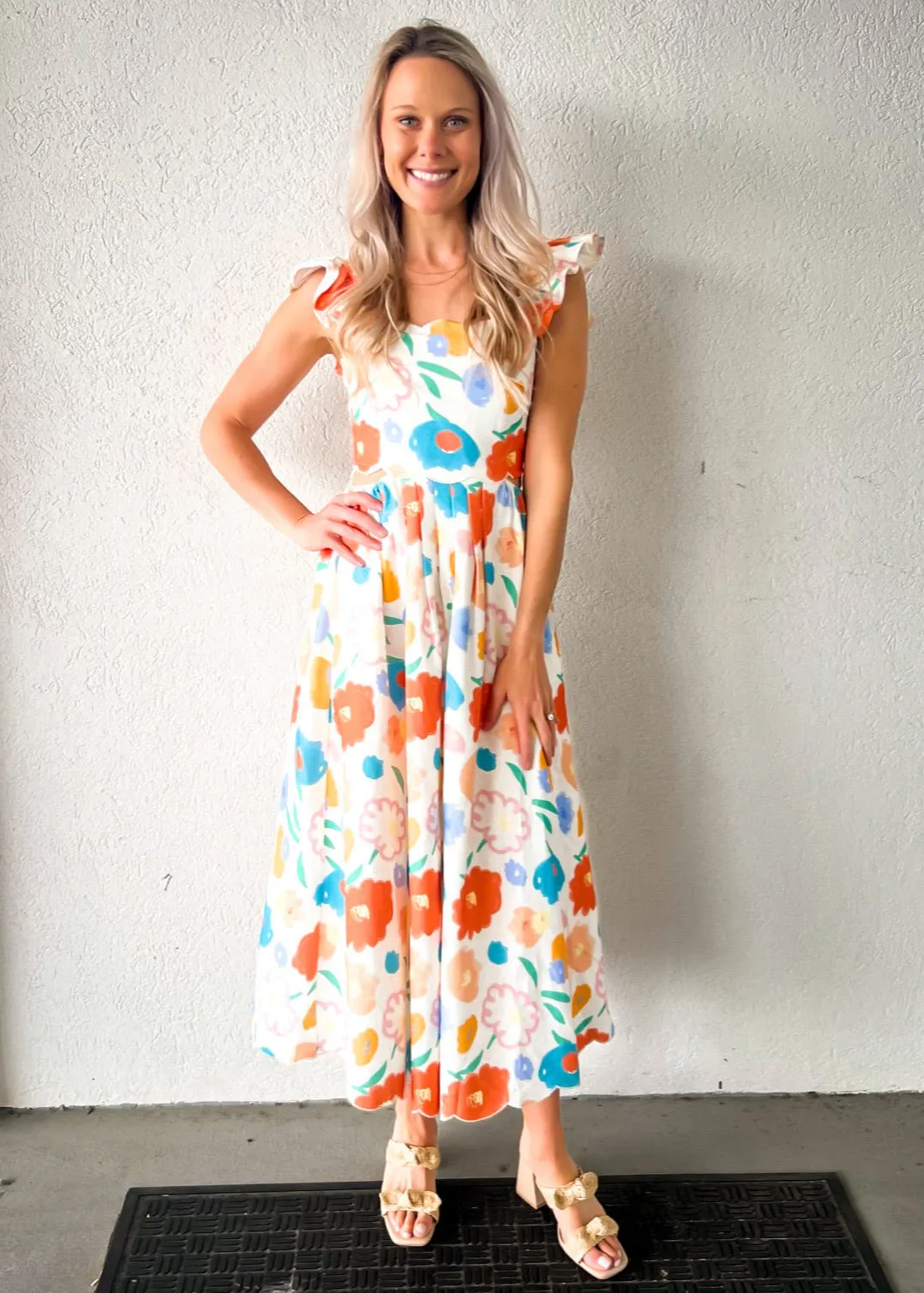 ASHTON FLORAL DENIM SCALLOP MIDI DRESS Dry-Clean-Only