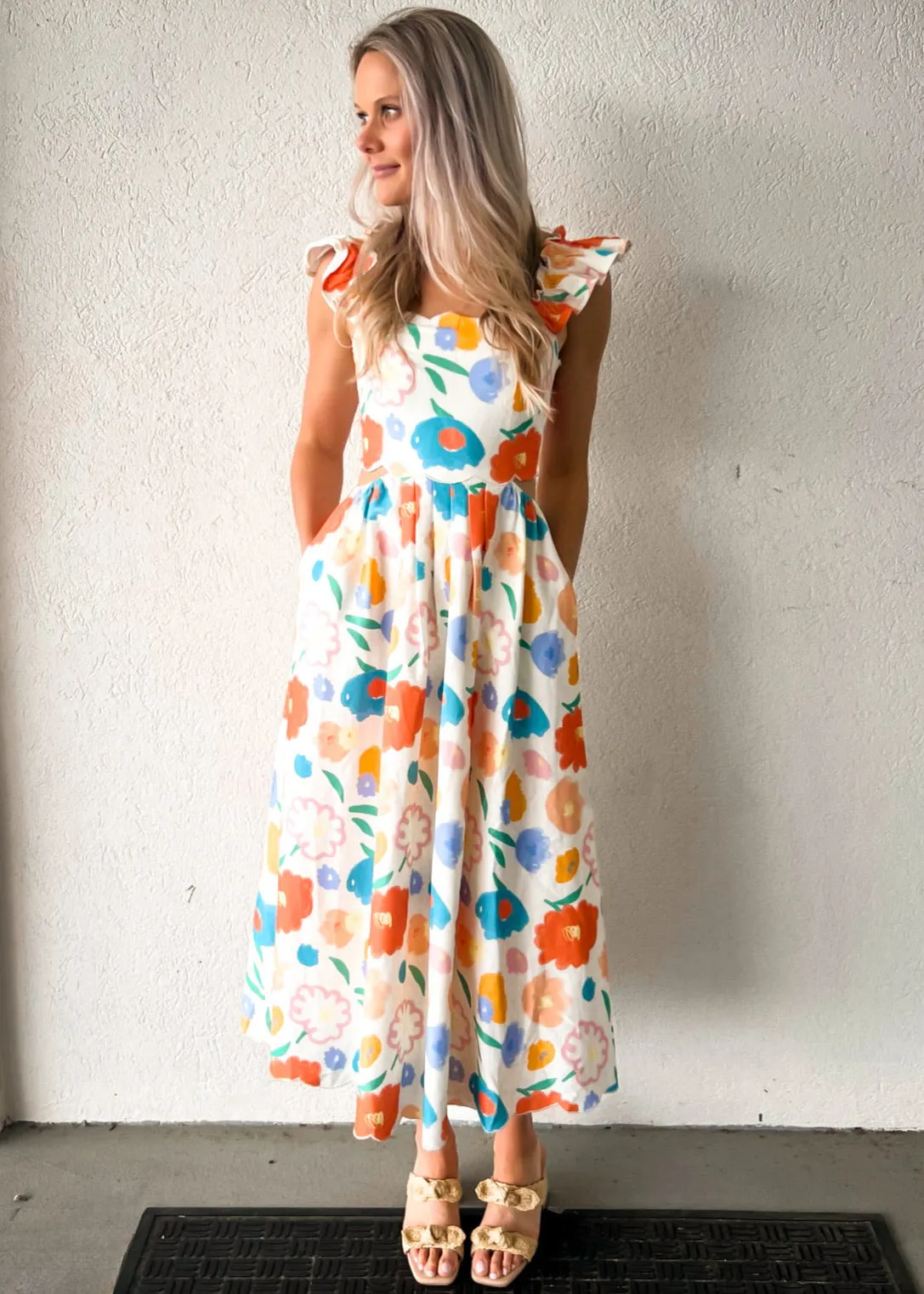 ASHTON FLORAL DENIM SCALLOP MIDI DRESS Outdoor Scene Lux Look