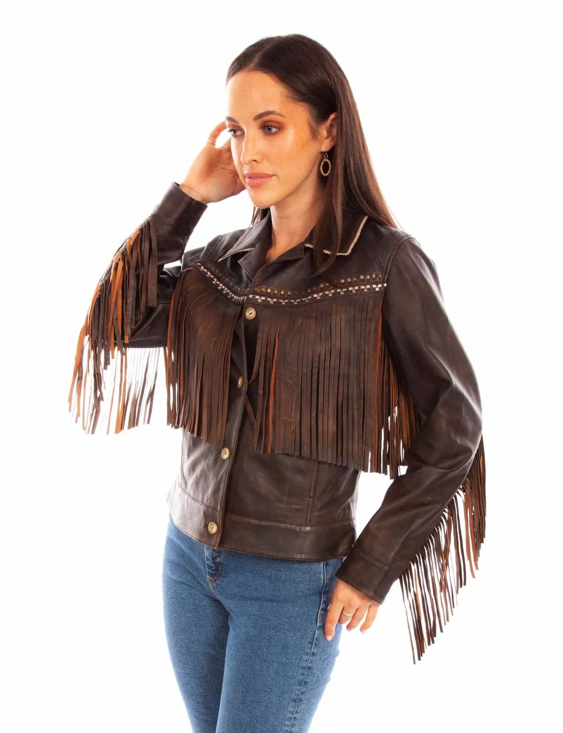 Scully Womens Western Fringe Chocolate Leather Leather Jacket L Go To Look Polished Look