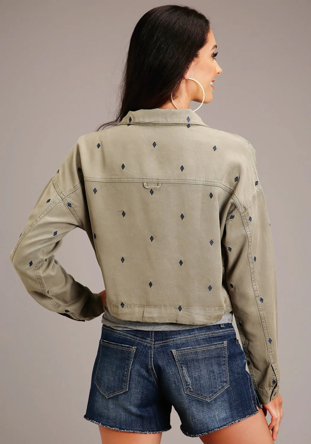 Neutral Look Outfit Basic Stetson Womens Diamond Stand Collar Olive 100% Lyocell Denim Jacket