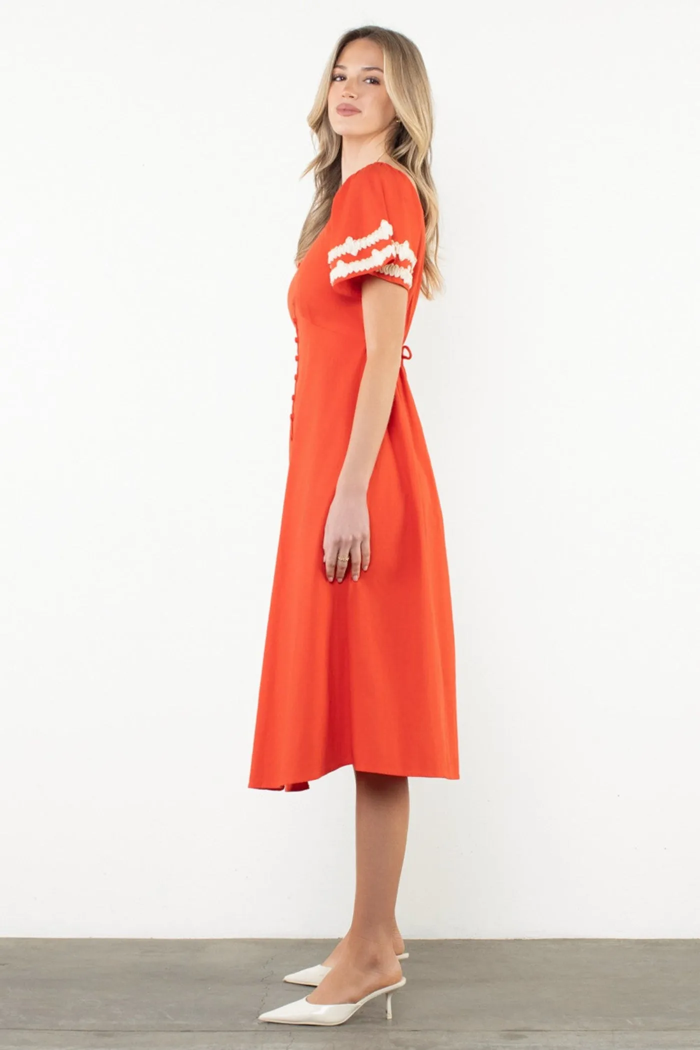 MACY SHIRRED SLEEVE FRONT SLIT MIDI DRESS Timeless-Classic