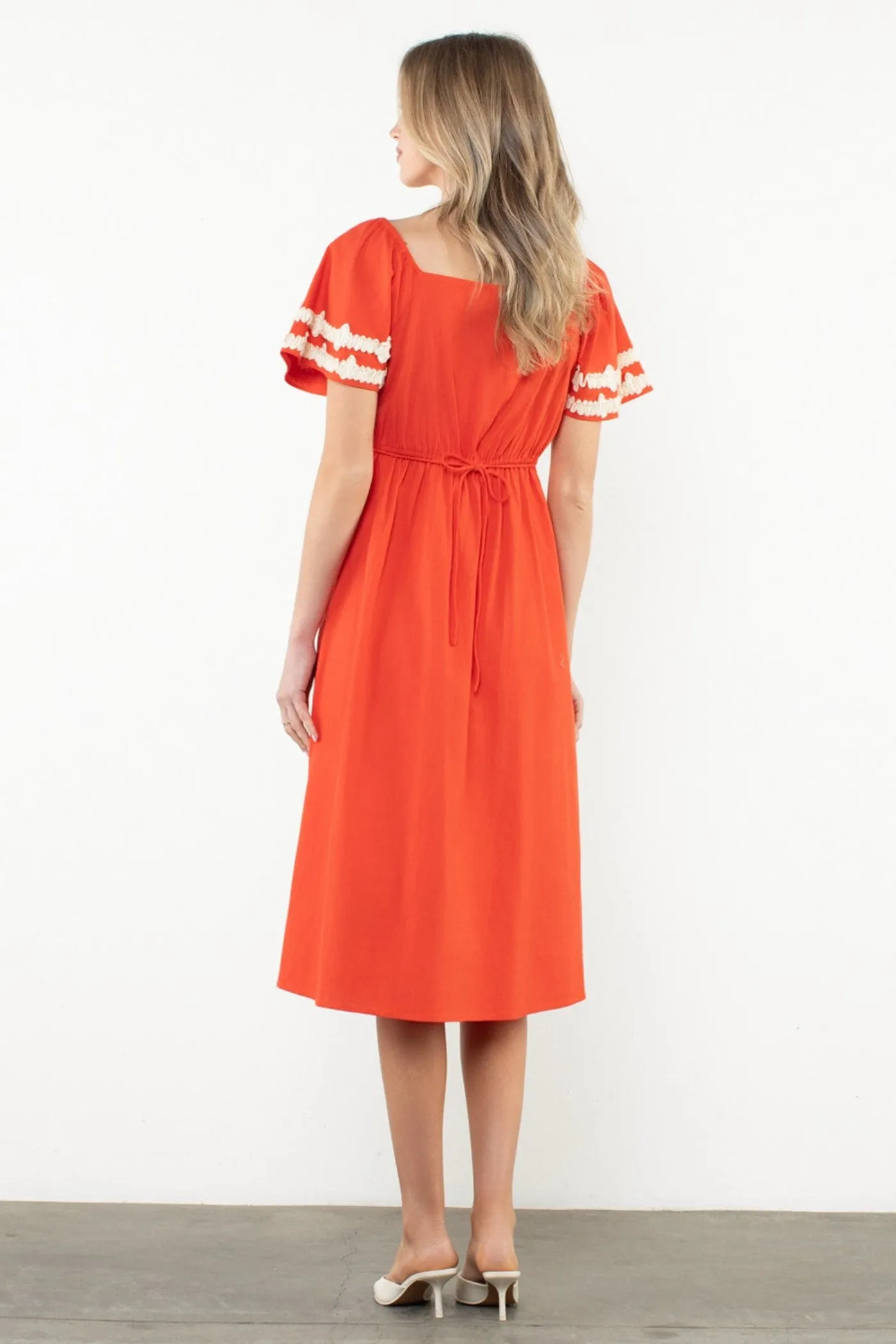 Flattering Comfort Wear Lounge Vibe MACY SHIRRED SLEEVE FRONT SLIT MIDI DRESS