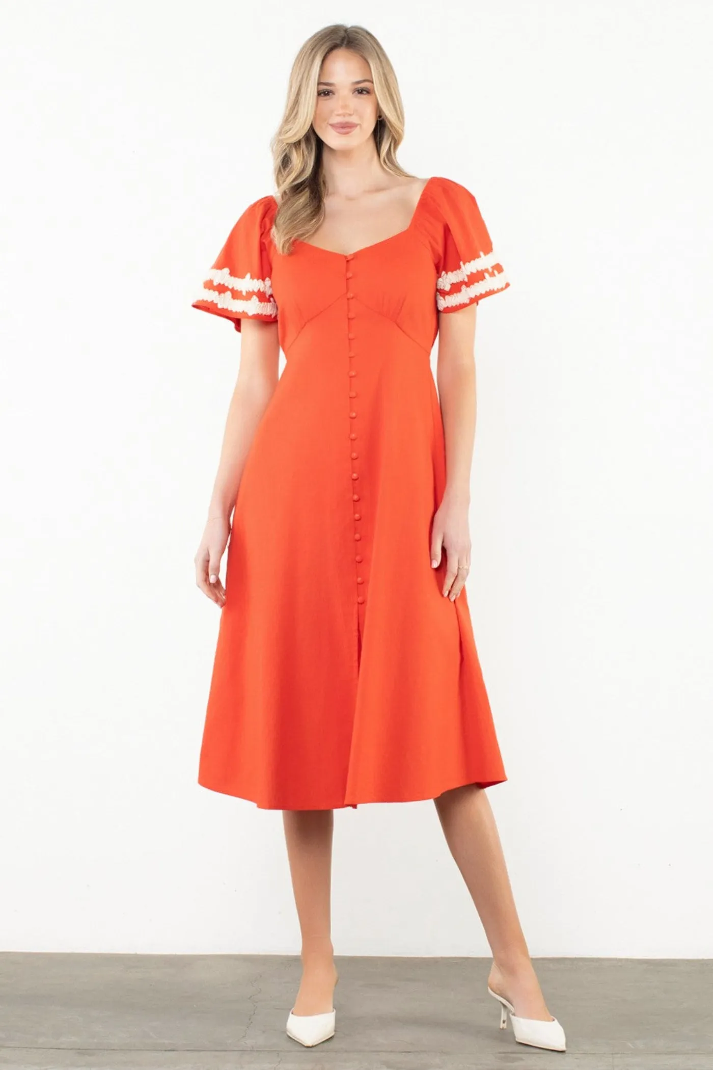 MACY SHIRRED SLEEVE FRONT SLIT MIDI DRESS Bold-Color