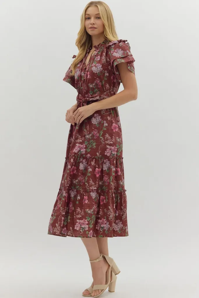 Madeleine Floral Tie Sash Midi Dress Tall Girl