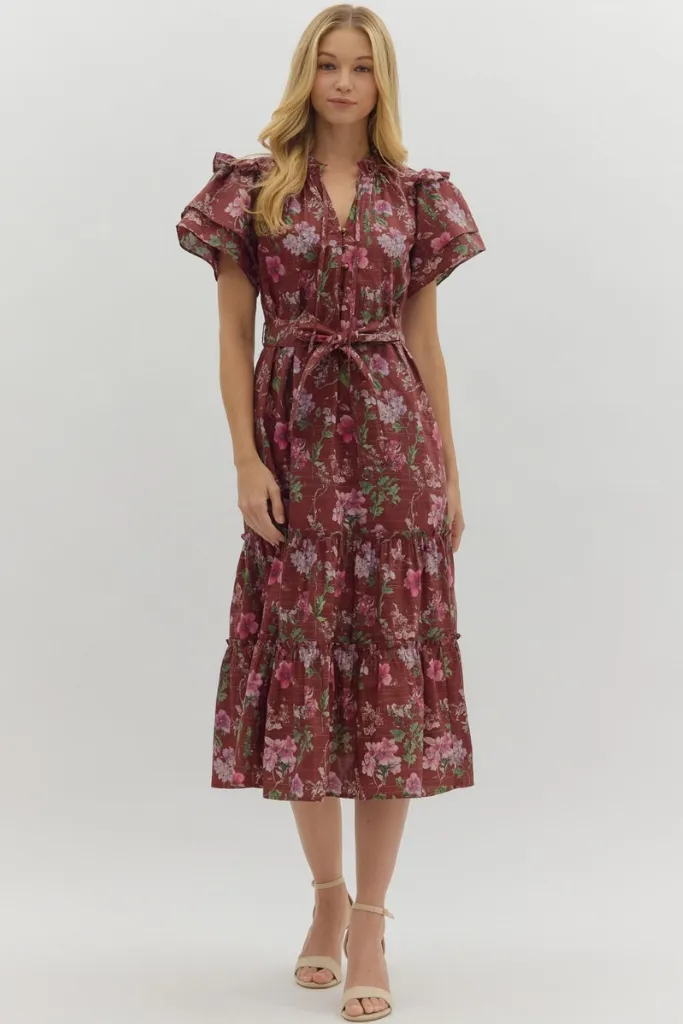 Family Warm Madeleine Floral Tie Sash Midi Dress