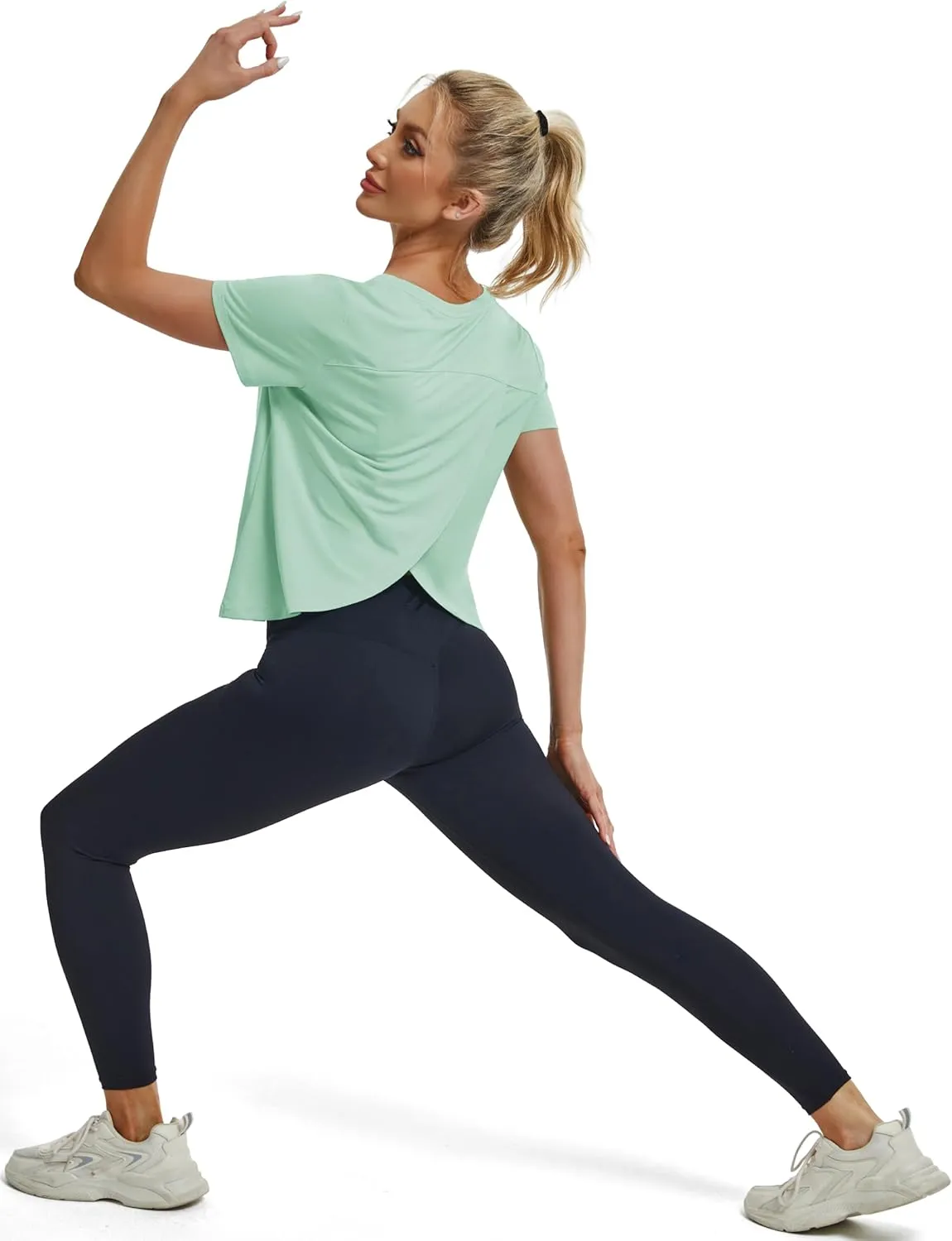 MAGCOMSEN Women's Workout Tops Short Sleeve Athletic Shirts Crop Split Back Tops Gym Running Quick Dry Loose Fit