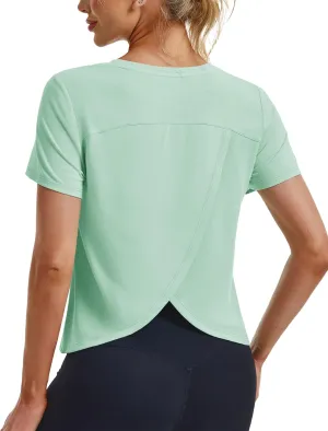 MAGCOMSEN Women's Workout Tops Short Sleeve Athletic Shirts Crop Split Back Tops Gym Running Quick Dry Loose Fit