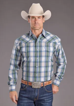 Magnetic Button Stetson Mens Moss Dobby Plaid Blue 100% Cotton L/S Shirt Festival Fashion Seamless Shoulder Construction Stetson Mens Moss Dobby Plaid Blue 100% Cotton L/S Shirt