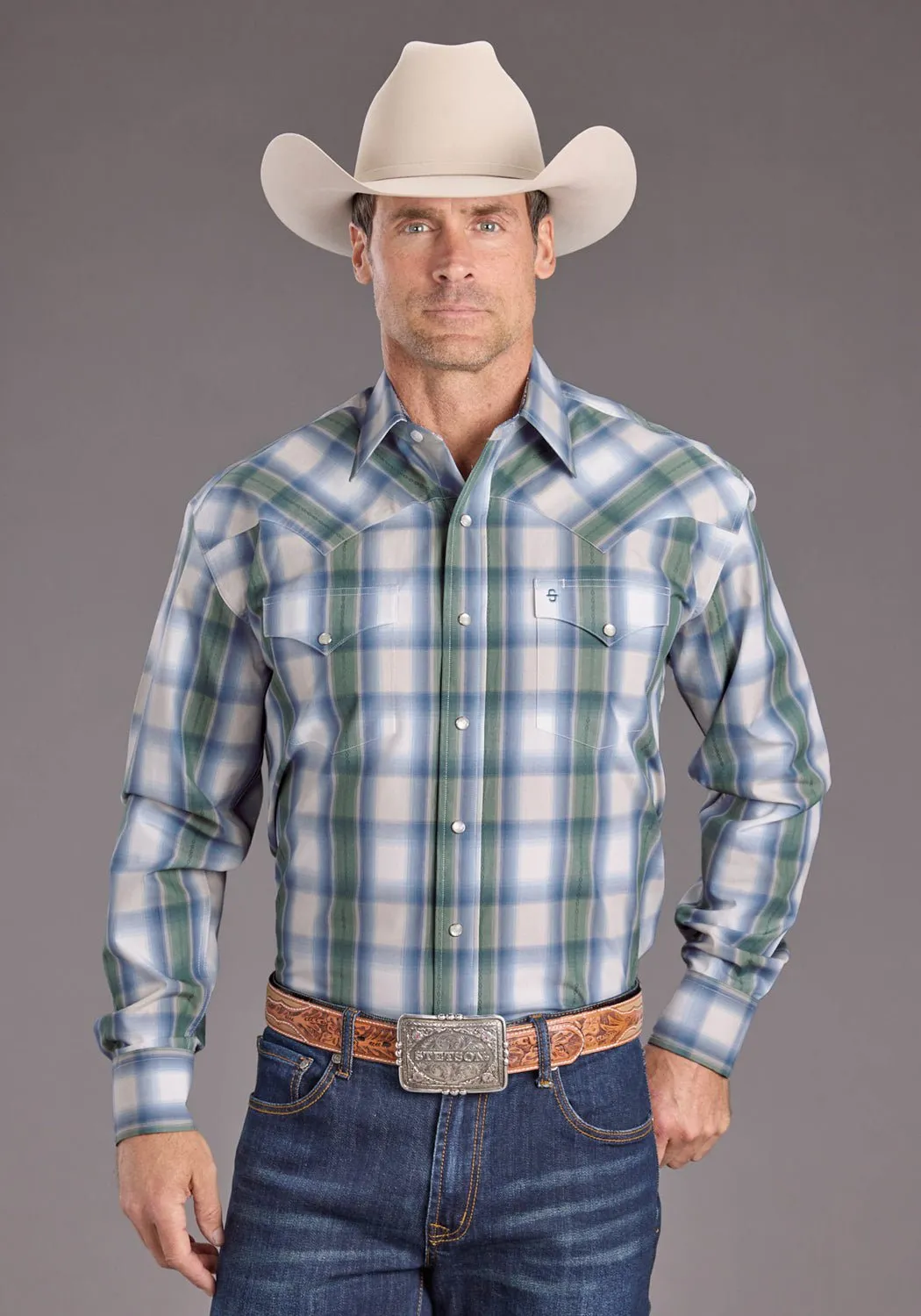 Festival Fashion Seamless Shoulder Construction Stetson Mens Moss Dobby Plaid Blue 100% Cotton L/S Shirt